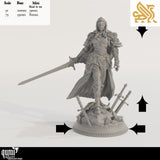 Female knight in armor with sword, standing on a rocky base with swords, including scale reference chart.