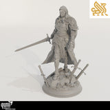 Side angle of the knight miniature holding a sword, showcasing sharp 3D-printed details