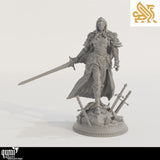 Front view of the unpainted resin knight miniature standing on a sword-filled tactical base