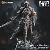Lydia the Merciless knight miniature in high-detail 3D-printed resin against a dark background