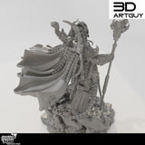 Rear 3D render showing the wizard's flowing cape, detailed armor, and snake-like iconography.