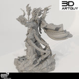 Front 3D render of a magical giant wizard holding a book and staff on a rocky fire base.
