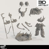 Exploded view of the 3D-printed wizard miniature components including heads, arms, and base