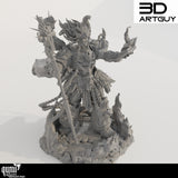 Resin wizard miniature standing on a fire-themed scenic base, front profile