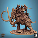 Side view of the mammoth creature miniature isolated against a plain blue background