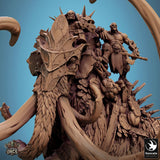 Close-up detail view of the orc riders and armor plating on the mammoth's back