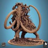 Front view of the 3D-printed mammoth miniature showing massive tusks and orc riders