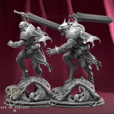 Gray digital render comparing the human and werewolf versions of the miniature on bone bases.
