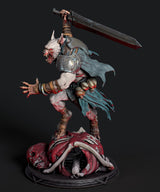 Side profile of a werewolf miniature in dynamic pose standing on a skull-covered base.