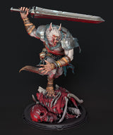 Front view of a white werewolf warrior holding a greatsword over a gruesome pile of bones.