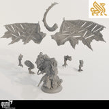 Einzelteile der 3D-gedruckten Drachenminiatur inklusive Flügeln, Körper und Base vor dem Zusammenbau