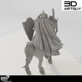 Rear view showing the detailed cape and armor textures of the mounted warrior