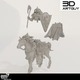 Exploded view of the mounted fighter miniature showing the rider, cape, and horse components