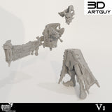 Disassembled resin parts of the Murder Clown miniature showing body, head, and weapon components