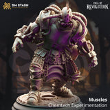 Eine 3D-gedruckte Resin-Miniatur eines muskulösen Chemtech-Monsters auf einem detaillierten, zahnradartigen Sockel.