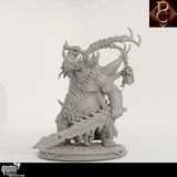 Front view of the detailed gray resin monster miniature holding a large serrated sword and a cage.