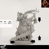Front view of the grotesque demon monster miniature with scale diagram and base measurements included.