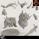 Exploded view of the resin miniature parts including body segments, blade, horns, and base.