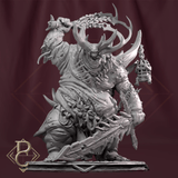 Front view of the large necrotic demon monster miniature holding a bladed weapon and a cage.