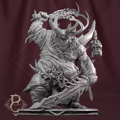 Front view of the large necrotic demon monster miniature holding a bladed weapon and a cage.