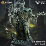 3D-printed gray resin Satyr Druid miniature named Old Barkhorn holding a wooden staff and natural thorns.