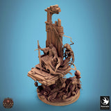 Digital render of a seated skeletal king on a ruined throne with spectral figures and a large sword.