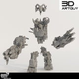 Explosionsansicht des Orc Waaaghboss Resin-Bausatzes mit allen Einzelteilen und Waffenkomponenten.
