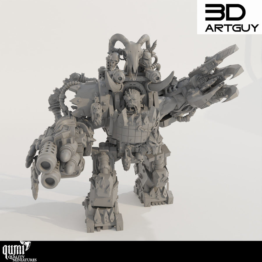 Frontansicht der 3D-gedruckten Orc Waaaghboss Miniatur mit schwerer Bewaffnung und Totenkopfdetails.