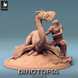 Frontansicht des brütenden Oviraptors auf Eiern mit einer Wüstenkrieger-Figur.