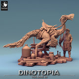 Seitenansicht der Dinosaurier-Miniatur mit Begleiter auf Gelände-Base