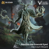 3D-printed resin miniature of Pontifax the Emerald Eyed, a Fey Court Wizard with deer antlers holding a magical staff.