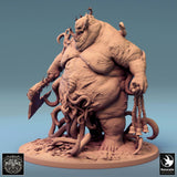 Side profile of a tentacled demon monster holding a spiked axe and bells, shown on a textured round base.