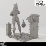 Back view of the Quarian miniature showing detailed armor and equipment