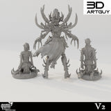 Rear view of the armored warrior model and the two kneeling captives showing detailed back sculpts.