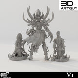 Rear view of the Raider King tabletop miniature showing detailed armor and two kneeling companion figures.