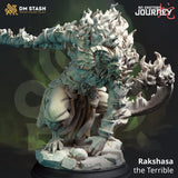 Rakshasa Monster-Miniatur in dynamischer Kampfpose mit detailliertem Fell, Flammeneffekten und Base.