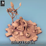 High-angle view of the seated fantasy character, perch, and small reptiles on a tiled base.