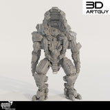 Vorderansicht einer 3D-gedruckten Sci-Fi-Roboter-Miniatur mit komplexen mechanischen Details.
