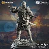 Resin miniature of a samurai fighter named Saburo Ryu holding a katana on a textured circular base.