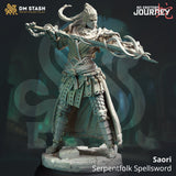 Resin 3D-printed Saori Serpentfolk Spellsword miniature in a dynamic combat pose holding a mystical sword.