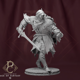 Front view of a hooded warrior miniature holding a sword, set against a dark red circular background.