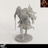 Front view of a hooded sword fighter miniature with tattered cloak, reaching forward with a clawed hand.