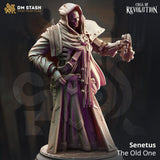 3D-gedruckte Resin-Miniatur der Figur Senetus The Old One mit einem mechanischen Zahnrad in der Hand