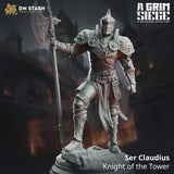 3D-printed resin miniature of a human knight in ornate armor holding a large halberd, standing on a rocky base.