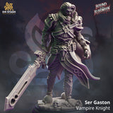 Resin 3D-printed Ser Gaston Vampire Knight miniature with large sword standing on a skull-covered base