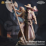 3D-gedruckte Inquisitor Sir Albert Resin-Miniatur mit großer verzierter Axt und Hut