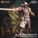 Sir Davion inquisitor miniature in a wide-brimmed hat, wielding a sword, shown in high-detail 3D-printed resin