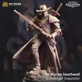 3D-gedruckte Resin Miniatur von Inquisitor Sir Harian mit Schusswaffe und Hut im Fantasy-Stil