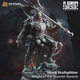 Skorn Skullsplitter Ritter Miniatur aus grauem Resin mit großer Axt auf felsigem Base.