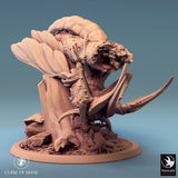 Front view of the winged insectoid monster on a textured base with rocky terrain.